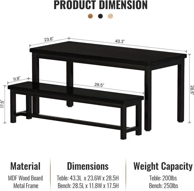 Alt view image 7 of 7 - AWQM Dining Room Table Set, Kitchen Set with 2 Benches, Ideal for Home, and Room, Breakfast of 43.3x23.6x28.5 inches, Benches 38.5x11.8x17.5 Black