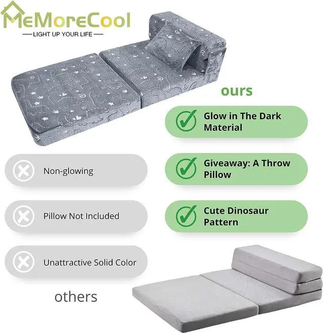 Alt view image 5 of 7 - MeMoreCool Kids Floor Mattress Glow in The Dark, Convertible Sofa Couch, Folding Futon Chair Bed Sleeper for Baby Playroom (Glowing Dinosaur)