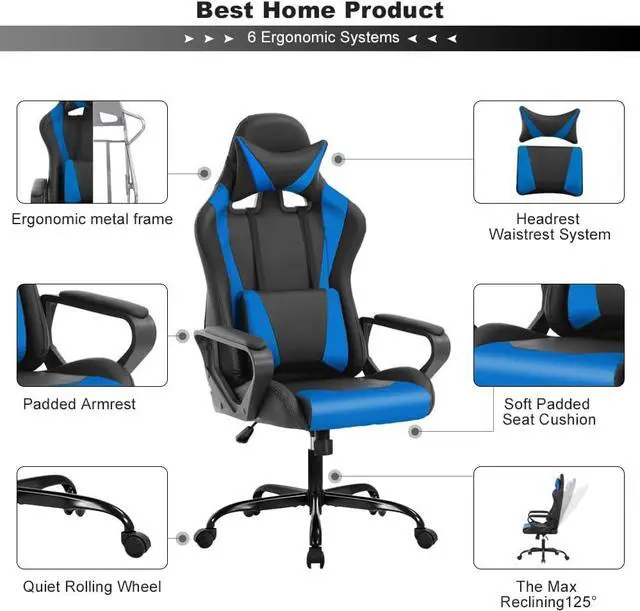 Alt view image 3 of 6 - Ergonomic Gaming Chair, High Back PU Leather Office Chair with Adjustable Lumbar Support & Headrest  Swivel Computer Desk Chair for Adults, Teens, Kids  Heavy Duty Executive Red Game Chair - Blue