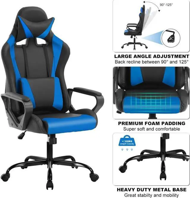 Alt view image 4 of 6 - Ergonomic Gaming Chair, High Back PU Leather Office Chair with Adjustable Lumbar Support & Headrest  Swivel Computer Desk Chair for Adults, Teens, Kids  Heavy Duty Executive Red Game Chair - Blue