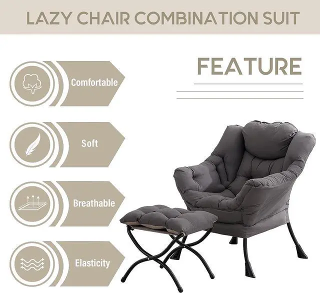 Alt view image 4 of 7 - LITA Modern Lazy Chair with Ottoman, Accent Contemporary Lounge Chair Leisure Upholstered Sofa Chair Set with Armrests and a Side Pocket, Reading Chair for Living Room & Bedroom, Dark Grey