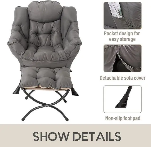 Alt view image 5 of 7 - LITA Modern Lazy Chair with Ottoman, Accent Contemporary Lounge Chair Leisure Upholstered Sofa Chair Set with Armrests and a Side Pocket, Reading Chair for Living Room & Bedroom, Dark Grey