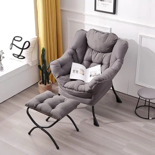 Alt view image 2 of 7 - LITA Modern Lazy Chair with Ottoman, Accent Contemporary Lounge Chair Leisure Upholstered Sofa Chair Set with Armrests and a Side Pocket, Reading Chair for Living Room & Bedroom, Dark Grey