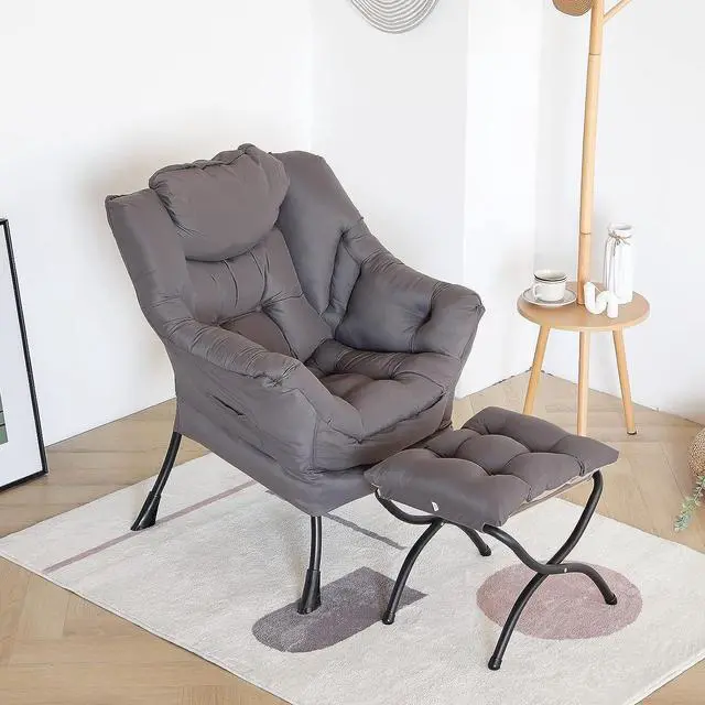 Alt view image 6 of 7 - LITA Modern Lazy Chair with Ottoman, Accent Contemporary Lounge Chair Leisure Upholstered Sofa Chair Set with Armrests and a Side Pocket, Reading Chair for Living Room & Bedroom, Dark Grey