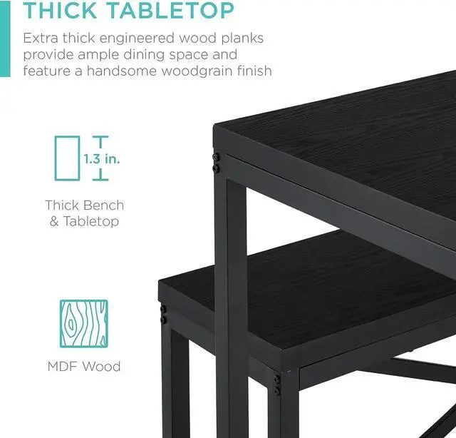 Alt view image 4 of 7 - Best Choice Products 45.5in 3-Piece Bench Style Dining Furniture Set, 4-Person Space-Saving Dinette for Kitchen, Dining Room w/ 2 Benches, Table - Black/Black