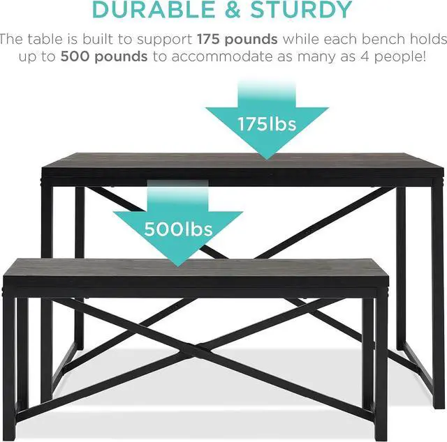 Alt view image 6 of 7 - Best Choice Products 45.5in 3-Piece Bench Style Dining Furniture Set, 4-Person Space-Saving Dinette for Kitchen, Dining Room w/ 2 Benches, Table - Black/Black