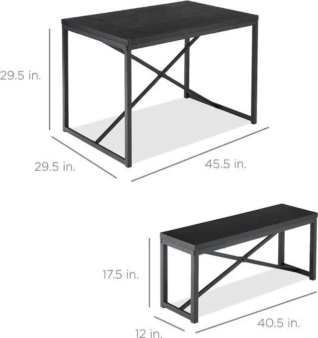 Alt view image 7 of 7 - Best Choice Products 45.5in 3-Piece Bench Style Dining Furniture Set, 4-Person Space-Saving Dinette for Kitchen, Dining Room w/ 2 Benches, Table - Black/Black