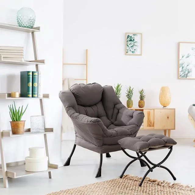Alt view image 7 of 7 - LITA Modern Lazy Chair with Ottoman, Accent Contemporary Lounge Chair Leisure Upholstered Sofa Chair Set with Armrests and a Side Pocket, Reading Chair for Living Room & Bedroom, Dark Grey