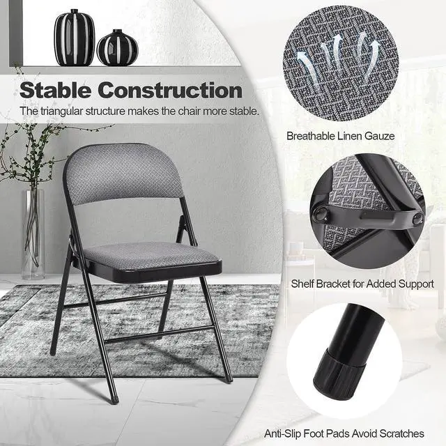 Alt view image 4 of 7 - Giantex 4-Pack Folding Chairs with Metal Frame and Fabric Upholstered Padded Seat, Foldable Home Office Party Chair Set (Grey), Welcome to consult