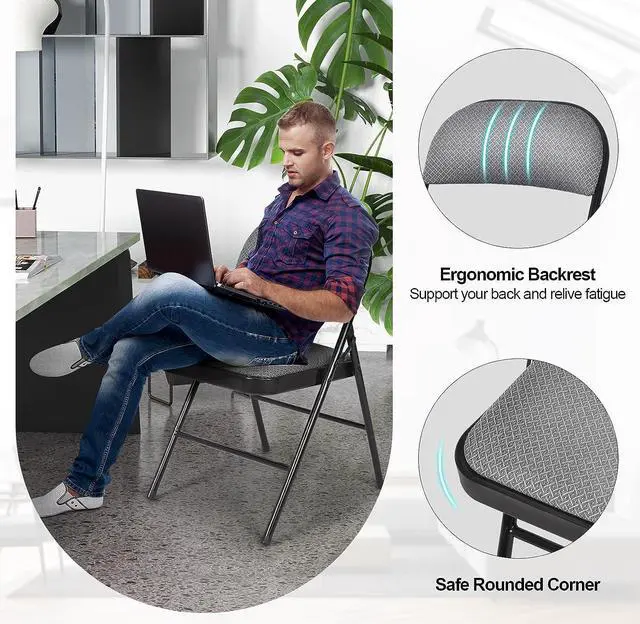 Alt view image 6 of 7 - Giantex 4-Pack Folding Chairs with Metal Frame and Fabric Upholstered Padded Seat, Foldable Home Office Party Chair Set (Grey), Welcome to consult