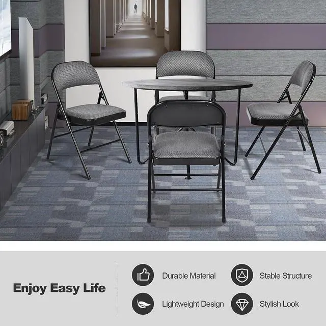 Alt view image 7 of 7 - Giantex 4-Pack Folding Chairs with Metal Frame and Fabric Upholstered Padded Seat, Foldable Home Office Party Chair Set (Grey), Welcome to consult