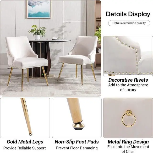 Alt view image 4 of 7 - KCC Velvet Dining Room Chairs Set of 2 Nailhead Back Ring Pull Trim with Gold Legs for Kitchen Living Room(Beige), Welcome to consult