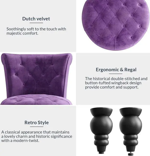 Alt view image 4 of 7 - BELLEZE Throne Royal Chair, Button-Tufted Accent Chair, Upholstered Velvet Chair, Low Back Armless Chair with Thick Padding and Rubberwood Legs - Malik (Purple)