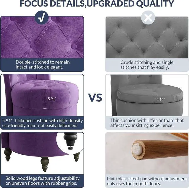 Alt view image 5 of 7 - BELLEZE Throne Royal Chair, Button-Tufted Accent Chair, Upholstered Velvet Chair, Low Back Armless Chair with Thick Padding and Rubberwood Legs - Malik (Purple)