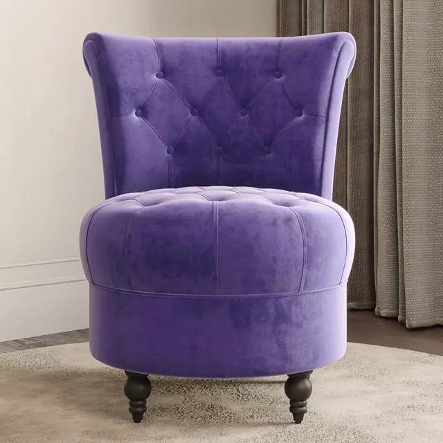 Alt view image 6 of 7 - BELLEZE Throne Royal Chair, Button-Tufted Accent Chair, Upholstered Velvet Chair, Low Back Armless Chair with Thick Padding and Rubberwood Legs - Malik (Purple)