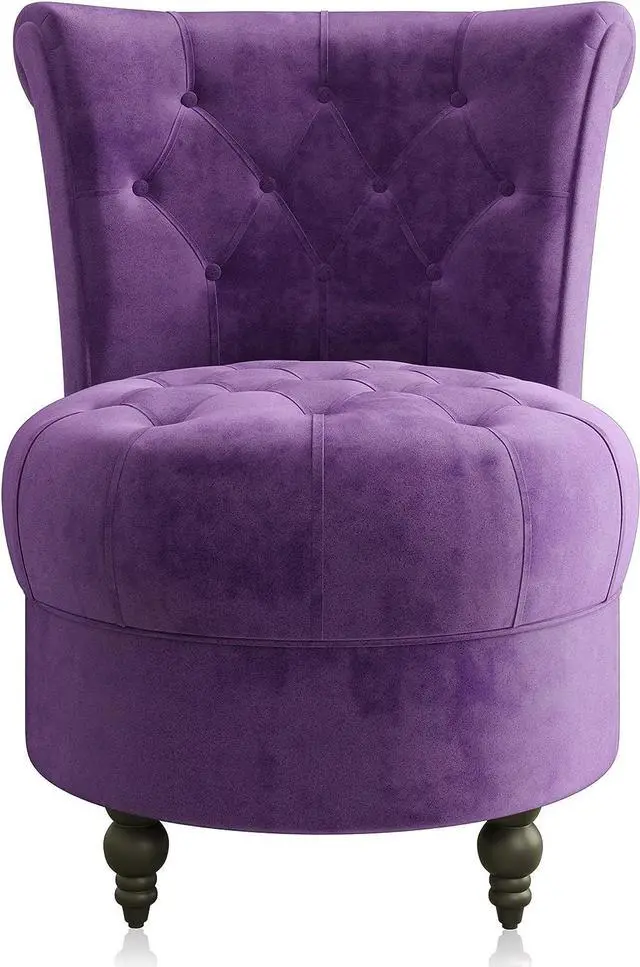 Alt view image 7 of 7 - BELLEZE Throne Royal Chair, Button-Tufted Accent Chair, Upholstered Velvet Chair, Low Back Armless Chair with Thick Padding and Rubberwood Legs - Malik (Purple)