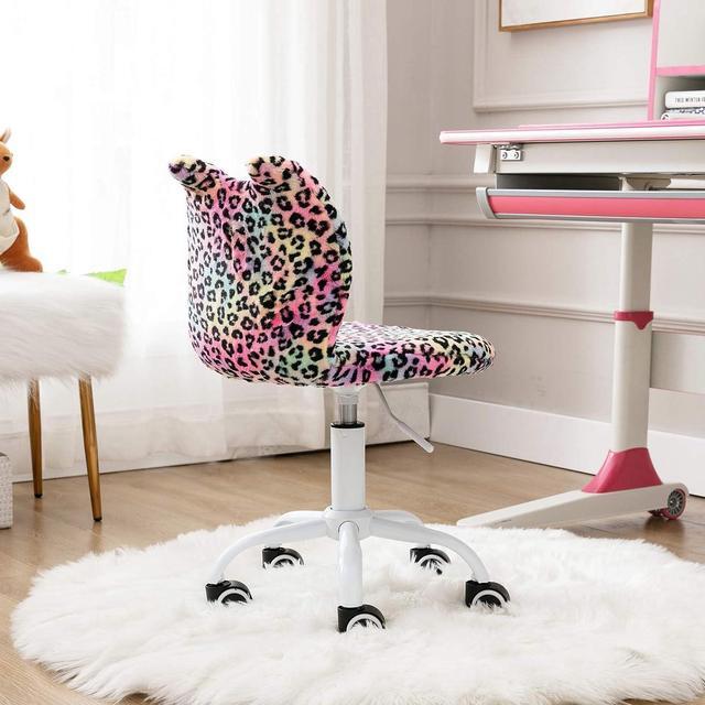 Alt view image 4 of 7 - Modern Cute Cat Kids Desk Chair, Comfortable Fuzzy Small Desk Chair for Girls and Boys, Ergonomic Adjustable Swivel Computer Chair,Hello Kitty Vanity Chair Study Rolling Stools with Wheels, Leopard
