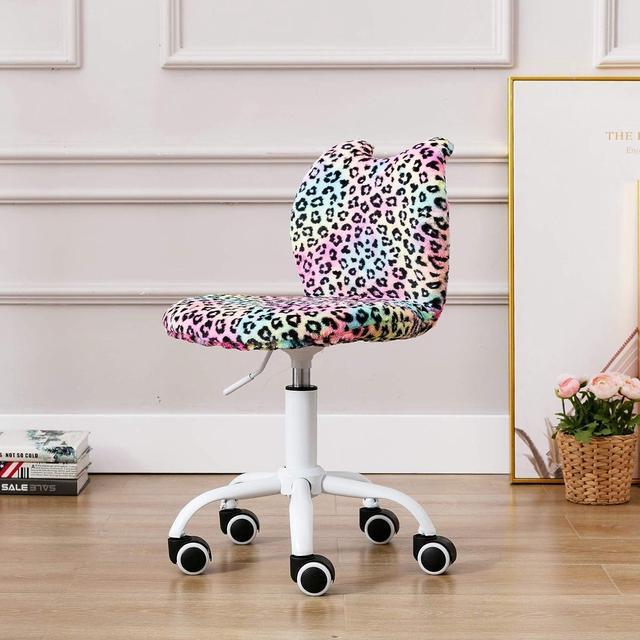 Alt view image 2 of 7 - Modern Cute Cat Kids Desk Chair, Comfortable Fuzzy Small Desk Chair for Girls and Boys, Ergonomic Adjustable Swivel Computer Chair,Hello Kitty Vanity Chair Study Rolling Stools with Wheels, Leopard