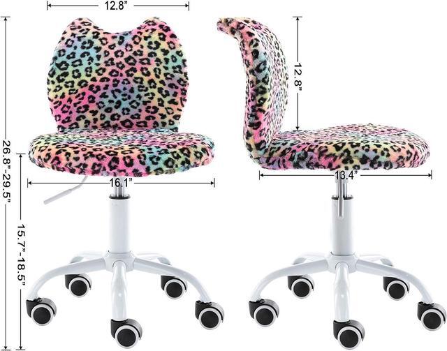 Alt view image 3 of 7 - Modern Cute Cat Kids Desk Chair, Comfortable Fuzzy Small Desk Chair for Girls and Boys, Ergonomic Adjustable Swivel Computer Chair,Hello Kitty Vanity Chair Study Rolling Stools with Wheels, Leopard