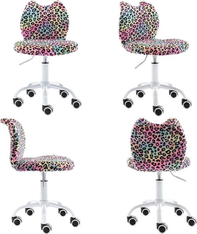 Alt view image 6 of 7 - Modern Cute Cat Kids Desk Chair, Comfortable Fuzzy Small Desk Chair for Girls and Boys, Ergonomic Adjustable Swivel Computer Chair,Hello Kitty Vanity Chair Study Rolling Stools with Wheels, Leopard