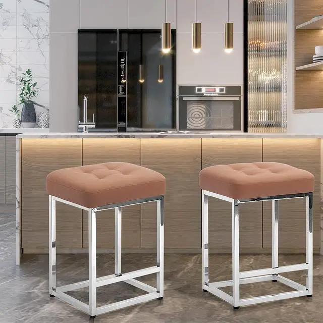 Alt view image 2 of 6 - CangLong 24" Bar Stool Counter Height Bar Stools with Footrest Faux Leather Backless Kitchen Dining Cafe Chair with Sturdy Metal Steel Frame Base for Indoor Outdoor,Set of 2,Brown