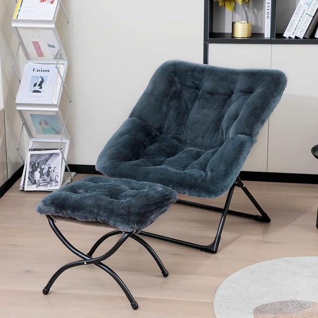 WELL-STRONG Saucer Chair with Ottoman - Faux Fur Folding Chair and Foot Rest  Set with Metal