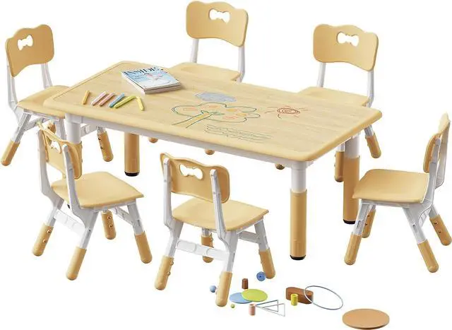 Main image of Brelley Kids Table and 6 Chairs Set, Height Adjustable Toddler Desk and Chair Set, Graffiti Desktop, Classroom/Daycare/Home, Children Multi-Activity Table for Ages 2-8
