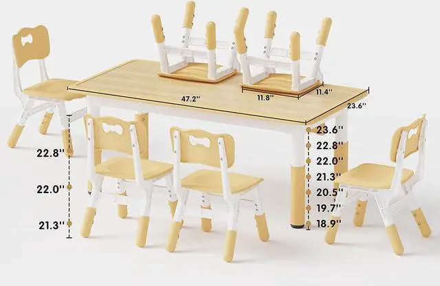 Alt view image 6 of 7 - Brelley Kids Table and 6 Chairs Set, Height Adjustable Toddler Desk and Chair Set, Graffiti Desktop, Classroom/Daycare/Home, Children Multi-Activity Table for Ages 2-8