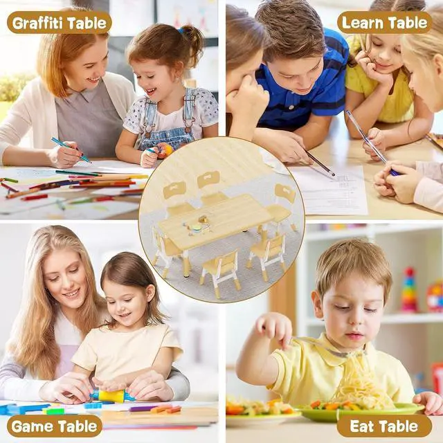 Alt view image 7 of 7 - Brelley Kids Table and 6 Chairs Set, Height Adjustable Toddler Desk and Chair Set, Graffiti Desktop, Classroom/Daycare/Home, Children Multi-Activity Table for Ages 2-8
