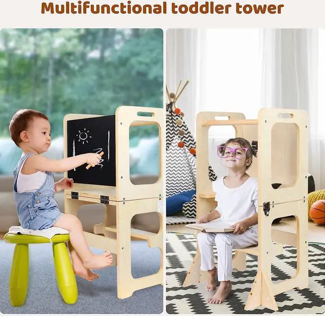 Alt view image 3 of 6 - Asweets 4 in 1 Toddler Standing Tower for Leanring Kitchen Stool Helper with Chalkboard,Safer Than a Step Stool,Art Desk Anti-Slip Protection Ideal Helper for Little Kids in The Kitchen