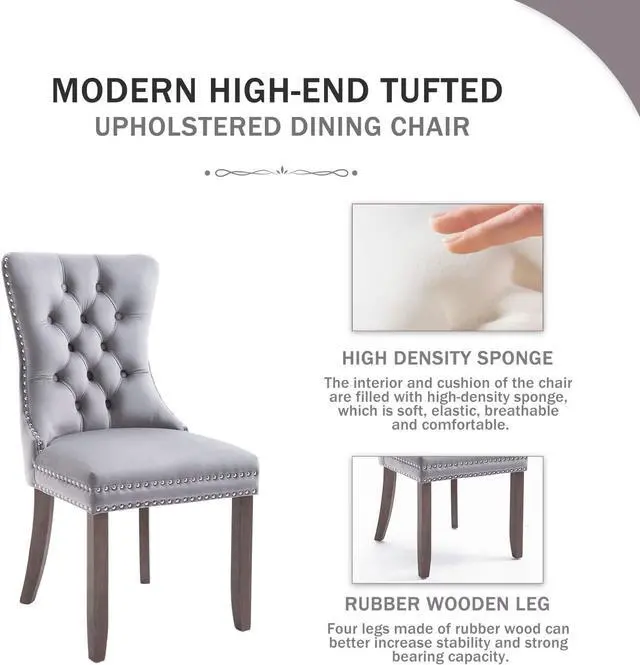 Alt view image 3 of 7 - Kiztir Velvet Dining Chairs Set of 4, Upholstered Dining Chairs with Nailhead Trim and Button Back, Luxury Tufted Dining Chair for Living Room, Bedroom, Kitchen (Light Gray)