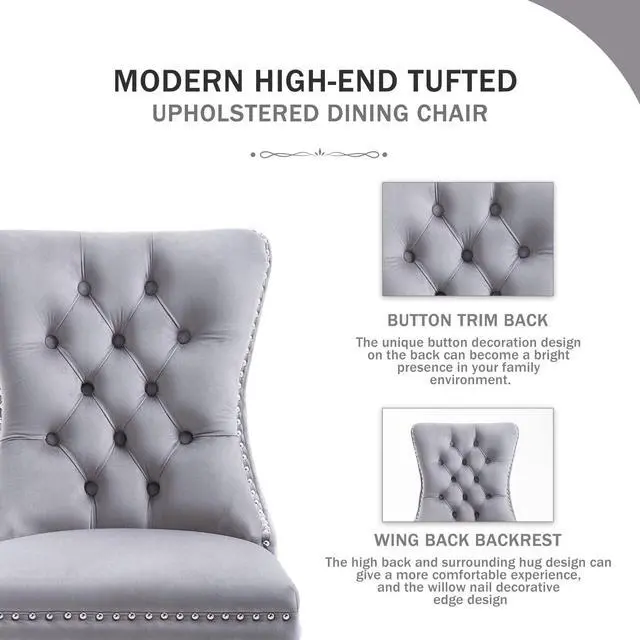 Alt view image 2 of 7 - Kiztir Velvet Dining Chairs Set of 4, Upholstered Dining Chairs with Nailhead Trim and Button Back, Luxury Tufted Dining Chair for Living Room, Bedroom, Kitchen (Light Gray)
