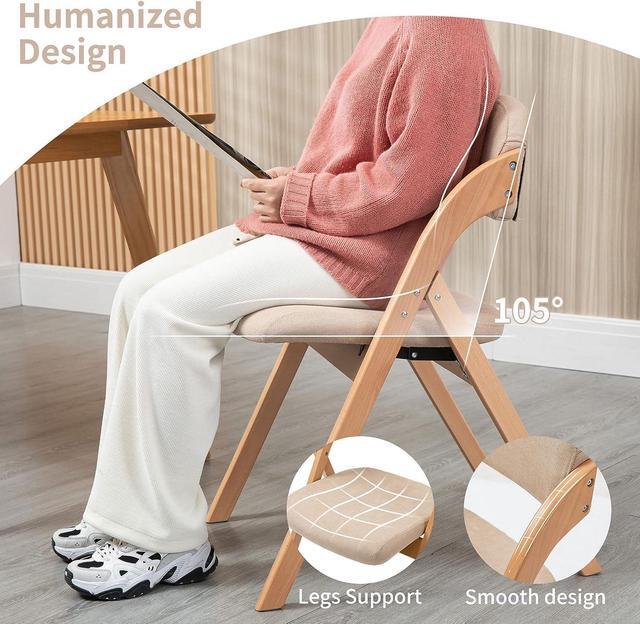Alt view image 6 of 7 - HOMEFUN Folding Chairs with Padded Seats, Wooden Stackable Dining Chair Set of 2 with Removable Cover Extra for Guests Kitchen Office Wedding Party Picnic, Khaki