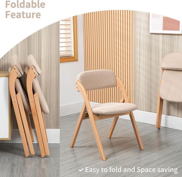 Alt view image 7 of 7 - HOMEFUN Folding Chairs with Padded Seats, Wooden Stackable Dining Chair Set of 2 with Removable Cover Extra for Guests Kitchen Office Wedding Party Picnic, Khaki