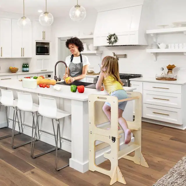 Alt view image 6 of 6 - Asweets 4 in 1 Toddler Standing Tower for Leanring Kitchen Stool Helper with Chalkboard,Safer Than a Step Stool,Art Desk Anti-Slip Protection Ideal Helper for Little Kids in The Kitchen