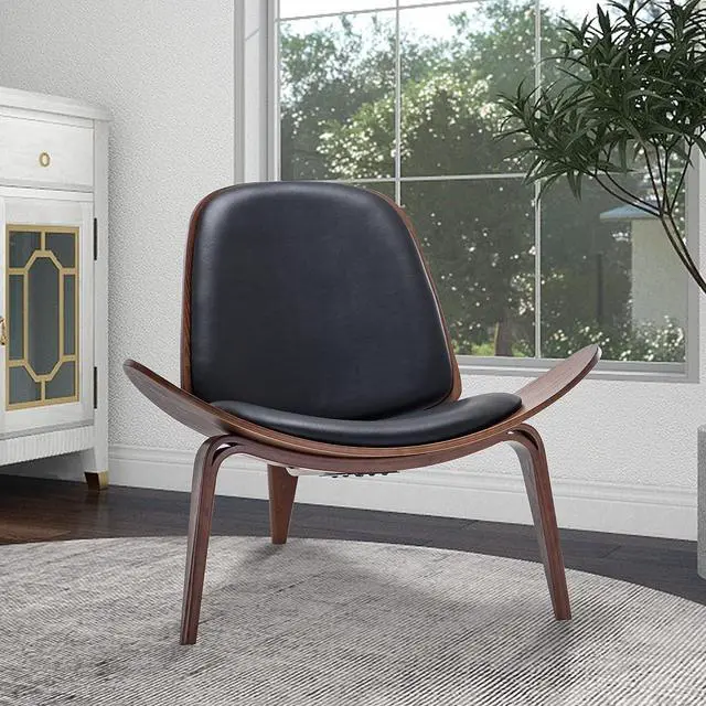 Alt view image 2 of 7 - BELLEZE Mid Century Modern Tripod Plywood Lounge Chair Walnut Bentwood Upholstered Faux Leather, Black