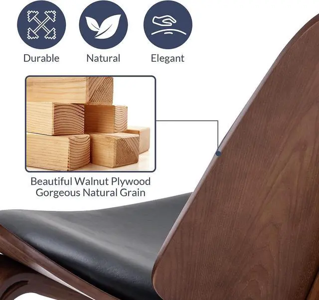 Alt view image 4 of 7 - BELLEZE Mid Century Modern Tripod Plywood Lounge Chair Walnut Bentwood Upholstered Faux Leather, Black