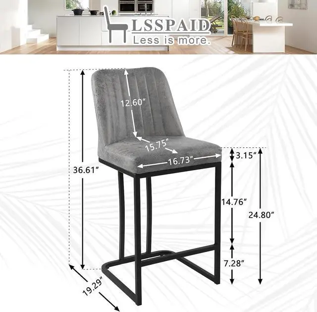 Alt view image 2 of 7 - LSSPAID 24.8 inch Bar Stools Set of 4, Upholstered Fabric Counter Height Barstools, Modern Kitchen Island Chairs with Footrest and Black Metal Legs, Grey