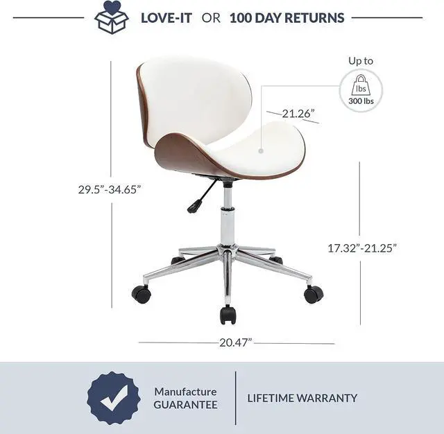 Alt view image 2 of 6 - BELLEZE Mid-Century Modern Desk Chair, Contemporary Office Bentwood Style Wingback Seating, Minimalist Adjustable Vintage Replica with Swivel, Faux Leather and Walnut - Avalon (White)