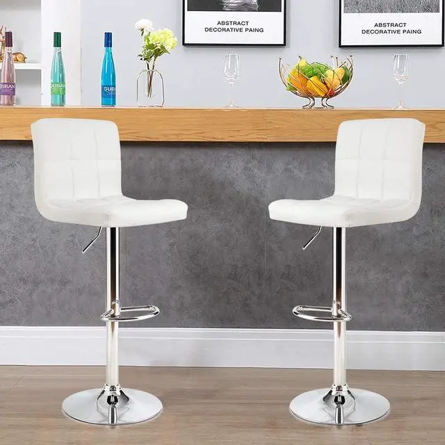 Alt view image 2 of 7 - COSTWAY Bar Stool, Modern Swivel Adjustable Height PU Leather Barstools with Back, Square Armless Counter Height Bar Chair for Kitchen Island Dining Living Bistro Pub Counter, White