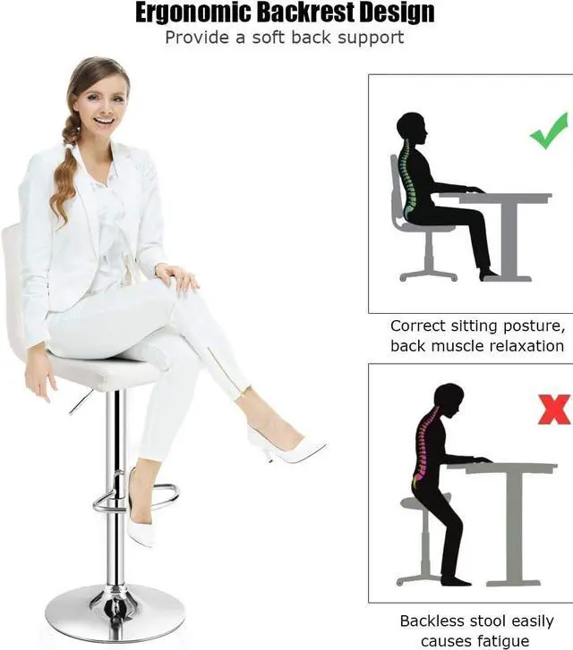 Alt view image 5 of 7 - COSTWAY Bar Stool, Modern Swivel Adjustable Height PU Leather Barstools with Back, Square Armless Counter Height Bar Chair for Kitchen Island Dining Living Bistro Pub Counter, White