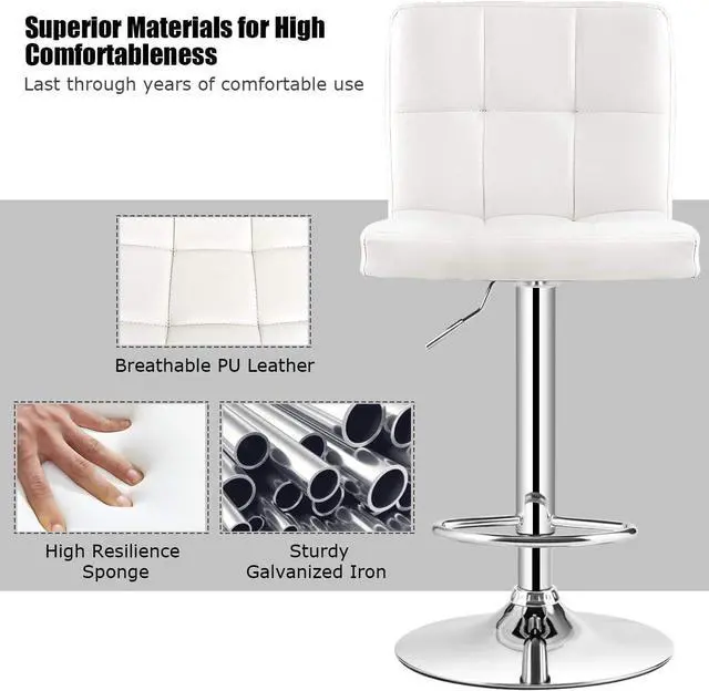 Alt view image 6 of 7 - COSTWAY Bar Stool, Modern Swivel Adjustable Height PU Leather Barstools with Back, Square Armless Counter Height Bar Chair for Kitchen Island Dining Living Bistro Pub Counter, White