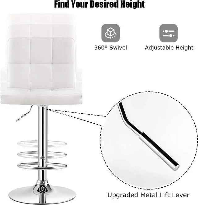 Alt view image 7 of 7 - COSTWAY Bar Stool, Modern Swivel Adjustable Height PU Leather Barstools with Back, Square Armless Counter Height Bar Chair for Kitchen Island Dining Living Bistro Pub Counter, White