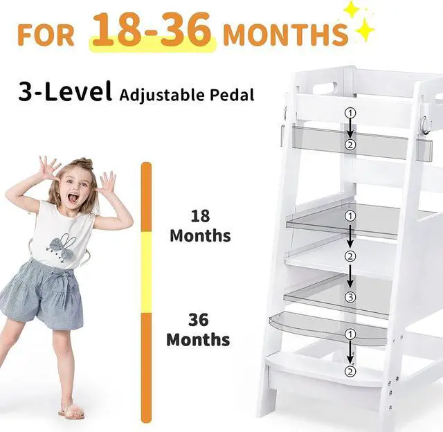 Alt view image 3 of 7 - TOETOL Bamboo Toddler Kitchen Step Stool White Helper Standing Tower Height Adjustable with Anti-Slip Protection for Kids Kitchen Counter Learning, Welcome to consult