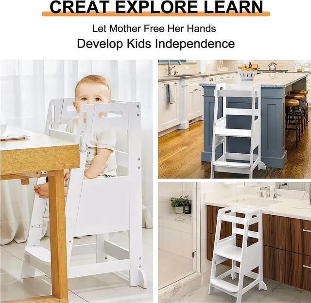 Alt view image 2 of 7 - TOETOL Bamboo Toddler Kitchen Step Stool White Helper Standing Tower Height Adjustable with Anti-Slip Protection for Kids Kitchen Counter Learning, Welcome to consult