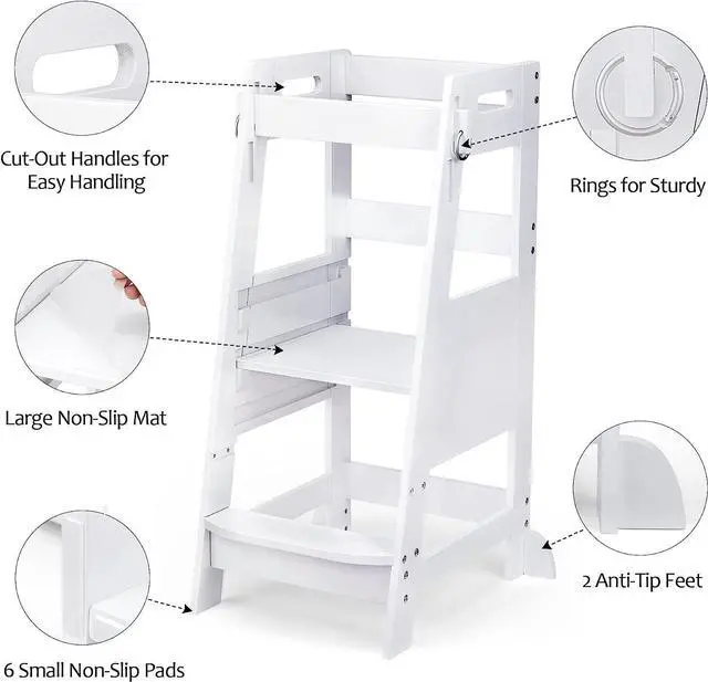 Alt view image 5 of 7 - TOETOL Bamboo Toddler Kitchen Step Stool White Helper Standing Tower Height Adjustable with Anti-Slip Protection for Kids Kitchen Counter Learning, Welcome to consult