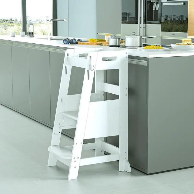 Alt view image 6 of 7 - TOETOL Bamboo Toddler Kitchen Step Stool White Helper Standing Tower Height Adjustable with Anti-Slip Protection for Kids Kitchen Counter Learning, Welcome to consult