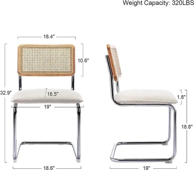 Alt view image 3 of 7 - ONEVOG Upholstered Boucle Dining Chairs Set of 2, Sturdy Rubber Wood Frame Cane Chairs, Comfy Kitchen Chairs with Natural Cane Back, Stainless Chrome Base for Dining Room, Club, Waiting Room