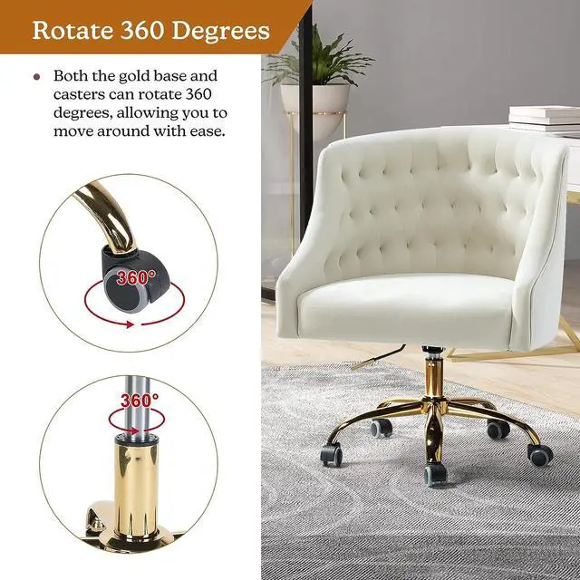 Alt view image 4 of 6 - Velvet Home Office Chair with Gold Base, Comfortable Modern Cute Desk Chair, Adjustable Swivel Task Chair for Living Room Bedroom Vanity Study, Ivory, Welcome to consult