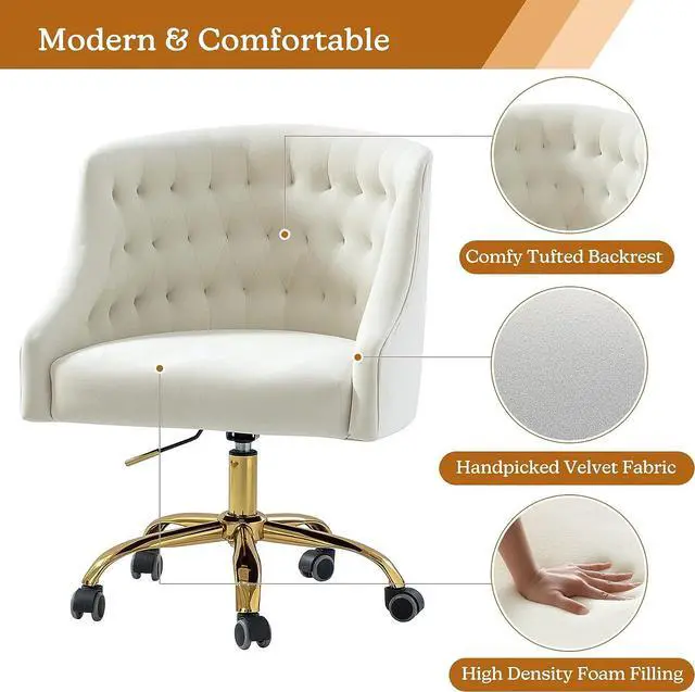 Alt view image 5 of 6 - Velvet Home Office Chair with Gold Base, Comfortable Modern Cute Desk Chair, Adjustable Swivel Task Chair for Living Room Bedroom Vanity Study, Ivory, Welcome to consult